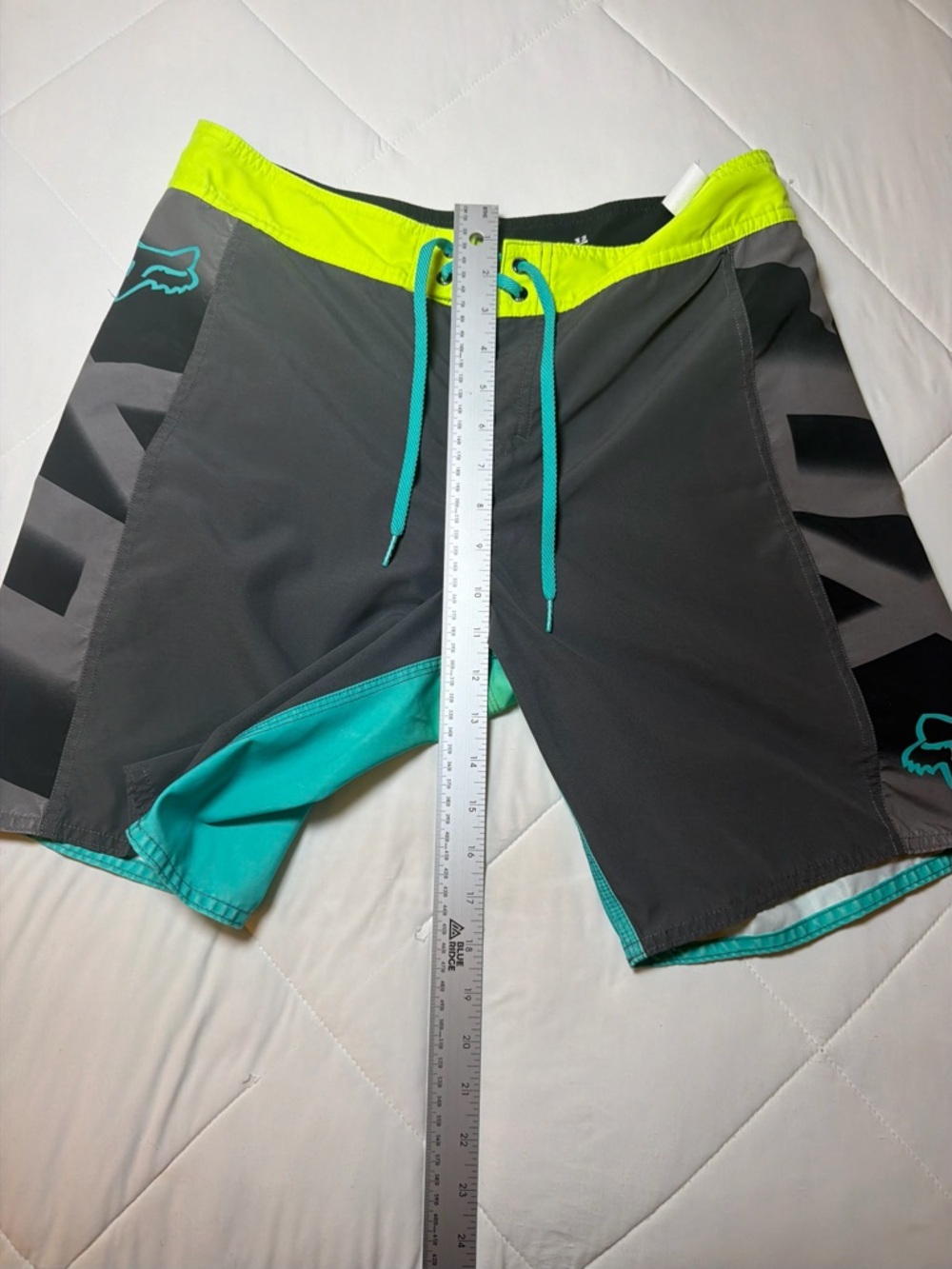 Fox Men's Gray Swim Board Shorts with Teal and Neon Yellow Accents size 32 - Picture 5 of 8